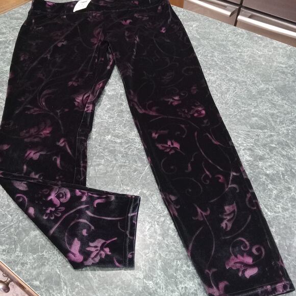 HUE XL Purple Black Floral Velvet Leggings Stretch High Waisted Witchy New NWT - Picture 1 of 10